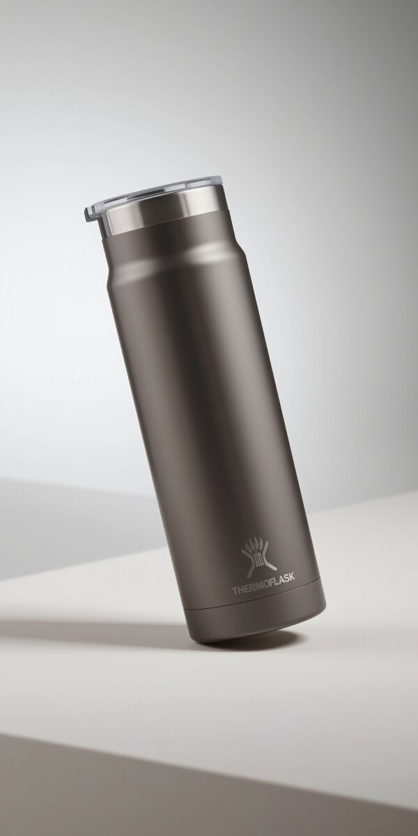 Charcoal gray Thermoflask insulated stainless steel water bottle with clear lid, tilted on white surface
