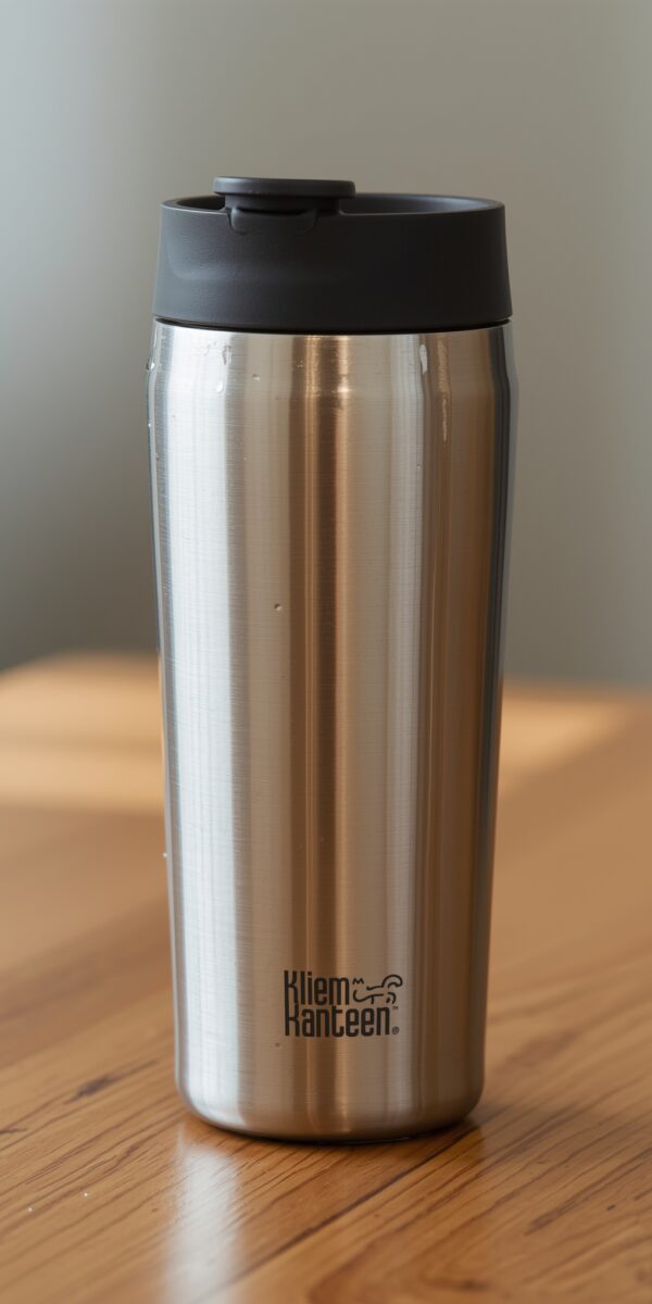 Klean Kanteen stainless steel insulated travel mug with black lid on a wooden table