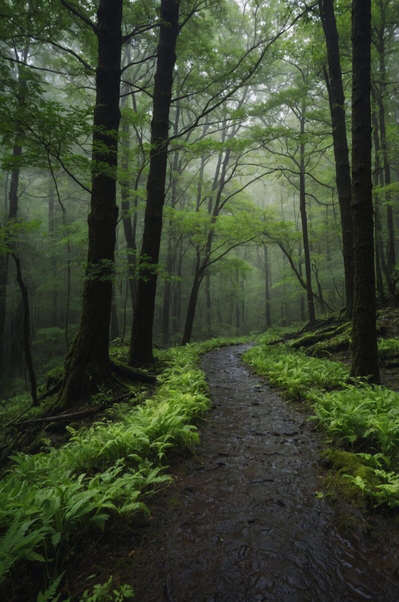 forest or trail just after a spring rainfall