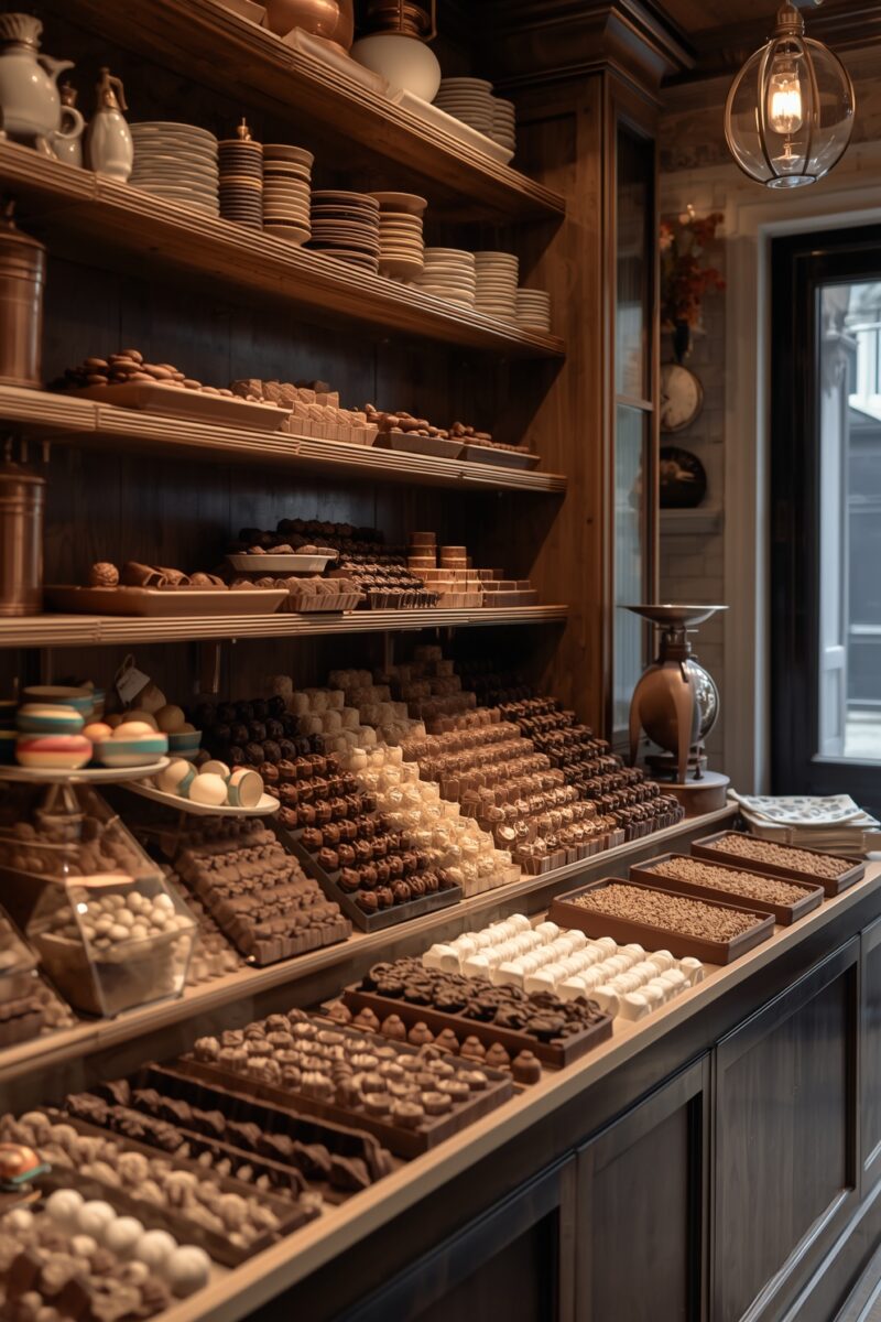 Elegant chocolate shop display with rows of artisan truffles, pralines, and confections on wooden shelves
