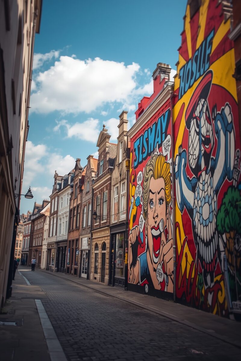 Cobblestone European street with historic buildings beside a vibrant pop-art comic book style mural in red, yellow, and blue