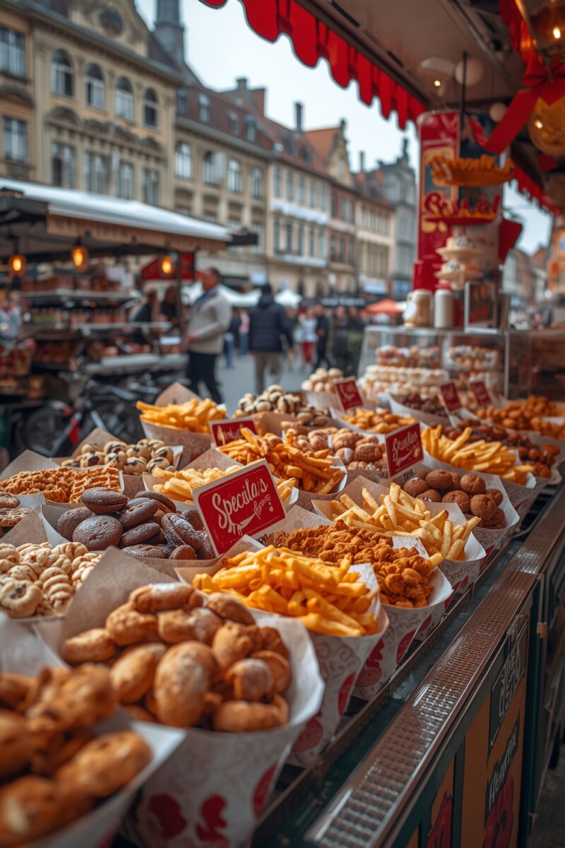 Belgian street food stall with paper cones of fries, fried snacks, and Speculaas cookies at a European market square