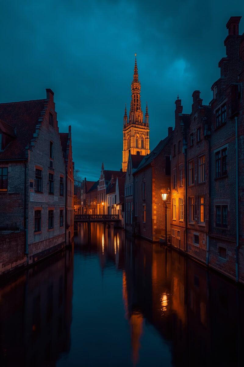 Bruges canal at night with illuminated Church of Our Lady spire reflected in calm water between medieval brick buildings