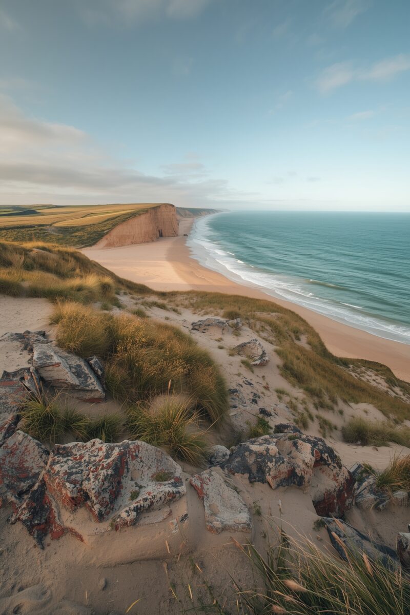 Aerial view of sandy beach with red sandstone cliffs, grass-covered dunes, rocky foreground, and turquoise ocean waves
