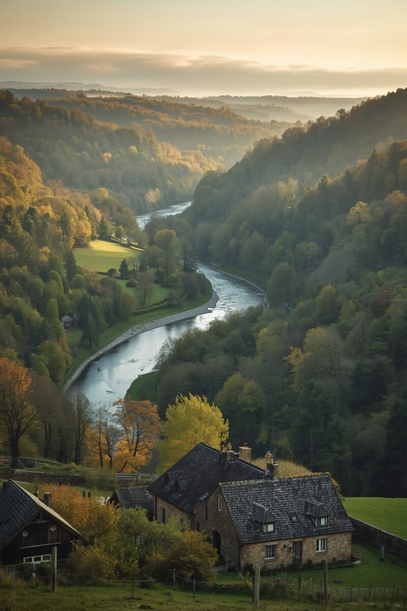 Aerial view of a winding river through an autumn valley with stone cottages and misty forested hills
