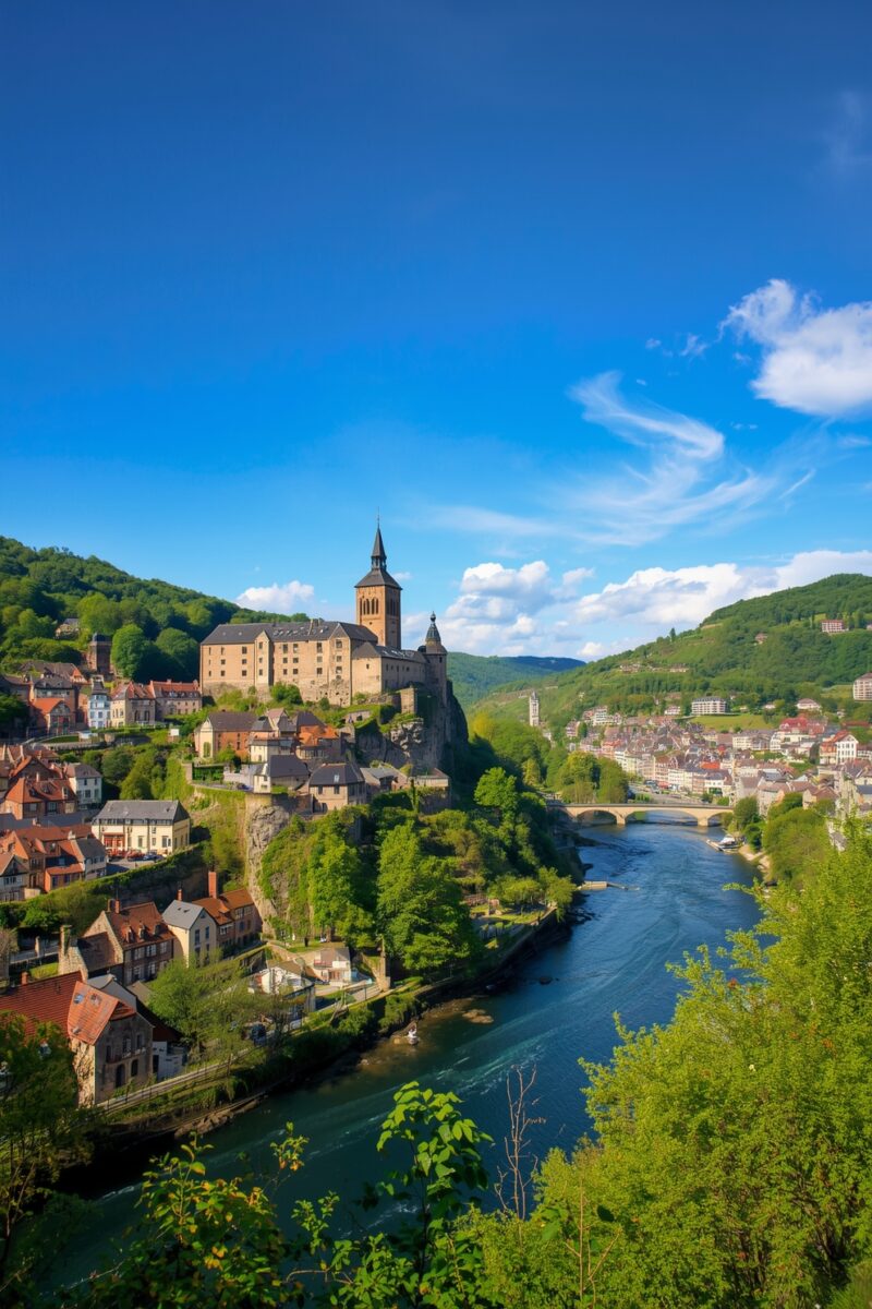 Medieval European hilltop town with castle tower overlooking a winding blue river, surrounded by green hills and traditional stone buildings