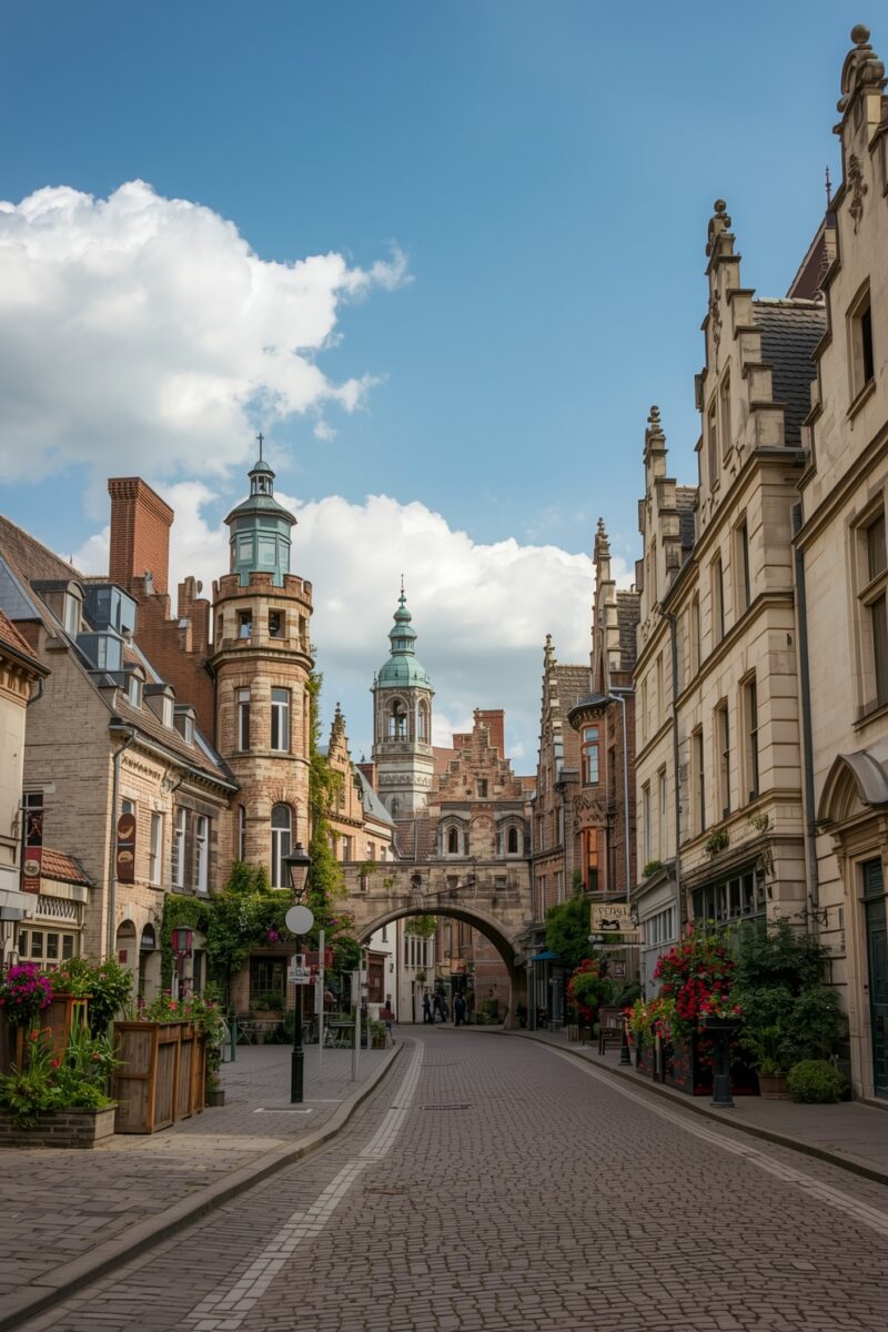Historic European cobblestone street lined with Gothic and Renaissance buildings, archway, and tower under blue sky