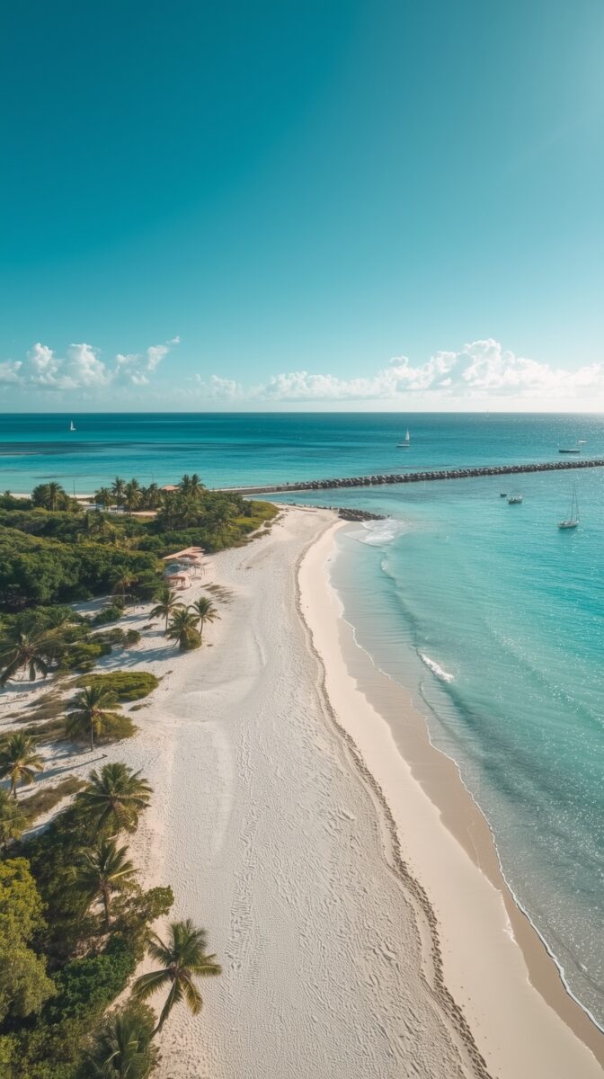 Aerial view of a curved tropical beach with white sand, palm trees, turquoise waters, and sailboats near a stone jetty