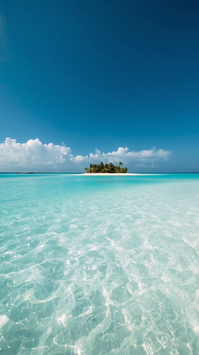 Small tropical island with palm trees surrounded by crystal clear turquoise waters and white sand under bright blue sky