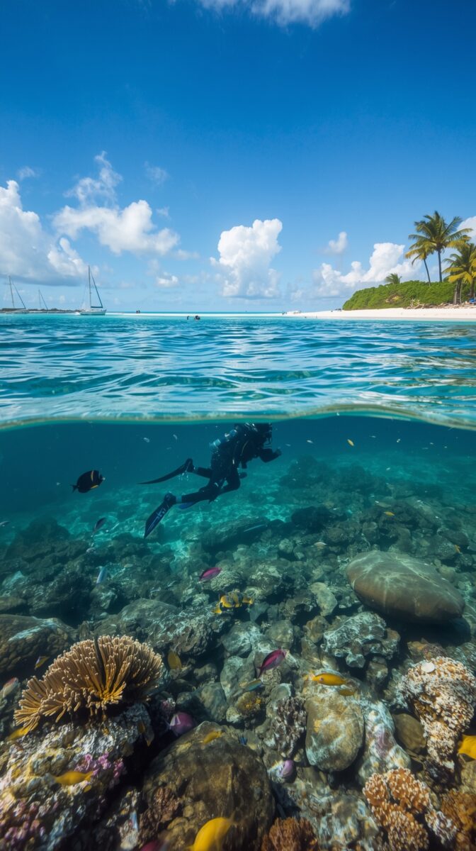 Split-view photo showing tropical beach with palm trees above water and coral reef with scuba diver and colorful fish below