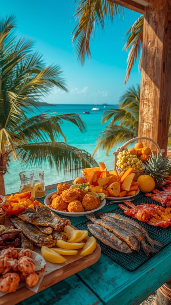 Tropical beachfront feast with grilled fish, seafood, fresh fruits, and drinks on turquoise table overlooking crystal blue ocean