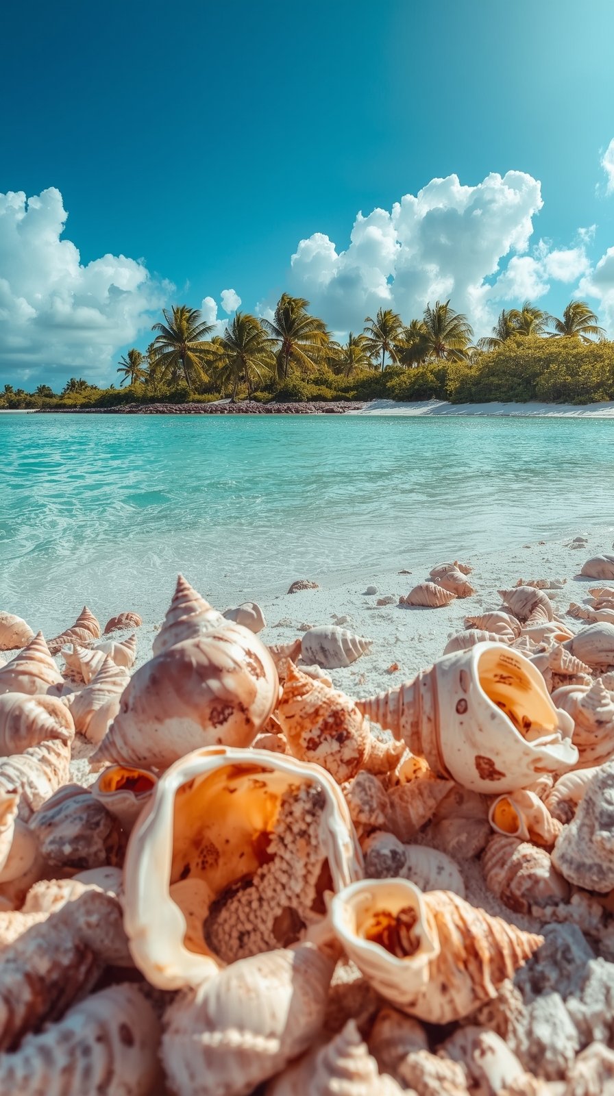 Tropical beach scene with conch shells in foreground, turquoise water, palm trees, and white puffy clouds against blue sky