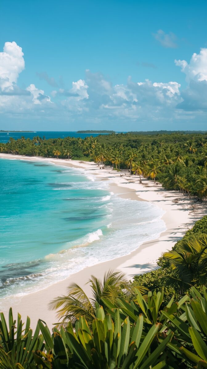 Aerial view of pristine tropical beach with turquoise waters, white sand, and palm trees lining the curved shoreline