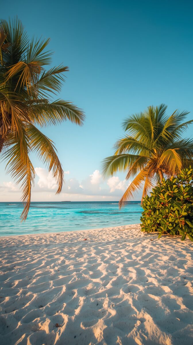 Tropical beach scene with palm trees framing turquoise ocean waters and white sandy beach under clear blue sky