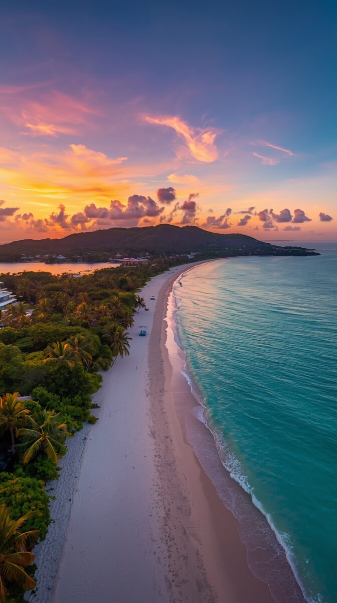 Aerial view of a curved tropical beach with turquoise waters, palm trees, and dramatic sunset sky with orange and purple clouds