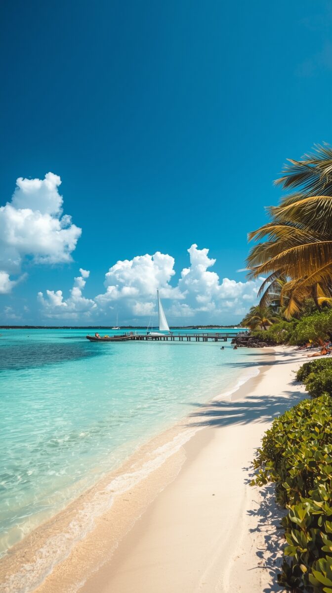 Tropical beach with turquoise water, white sand, palm trees, wooden pier and sailboat against bright blue sky with clouds