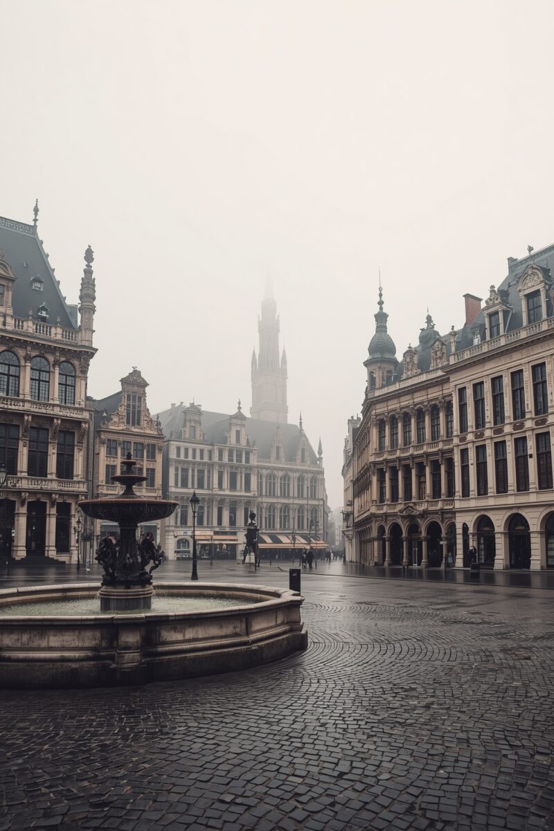 Foggy European city square with ornate baroque buildings, stone fountain, and gothic tower in misty background