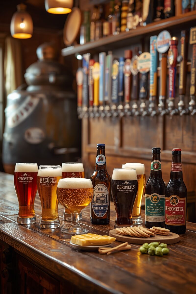 Assorted craft beer glasses and bottles on a wooden bar counter with beer taps and snacks