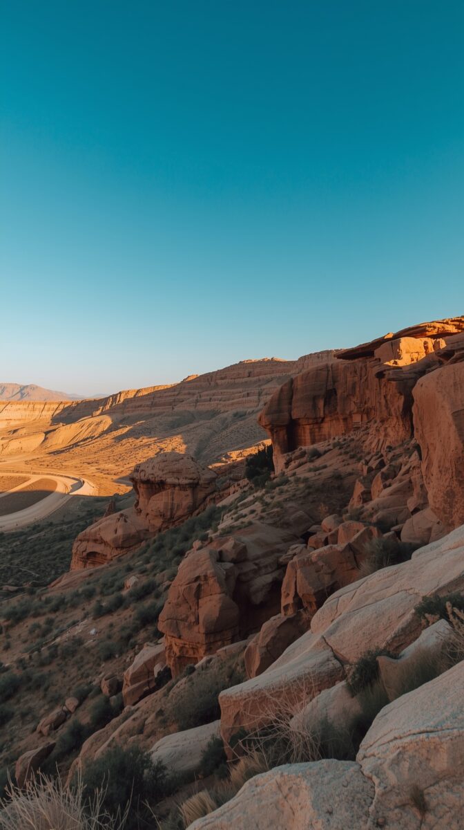 Red sandstone canyon cliffs and rock formations under a clear blue sky in an arid desert landscape
