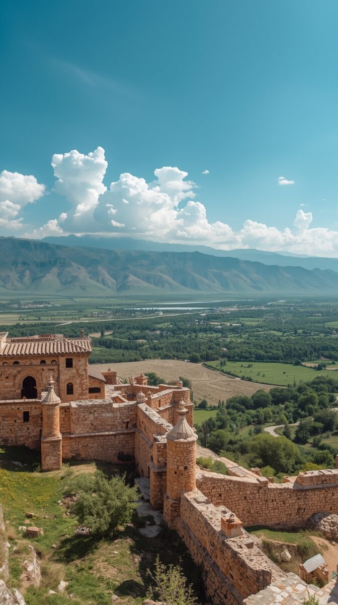 Ancient stone castle fortress with towers overlooking a vast green valley, river, and mountain range under blue sky