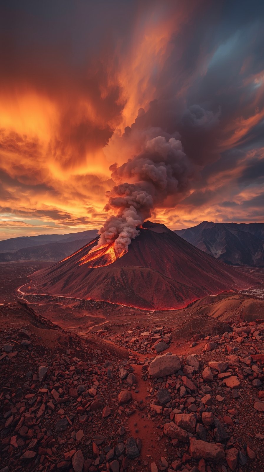 Active volcano erupting with glowing lava flows and massive ash cloud against a fiery orange sunset sky