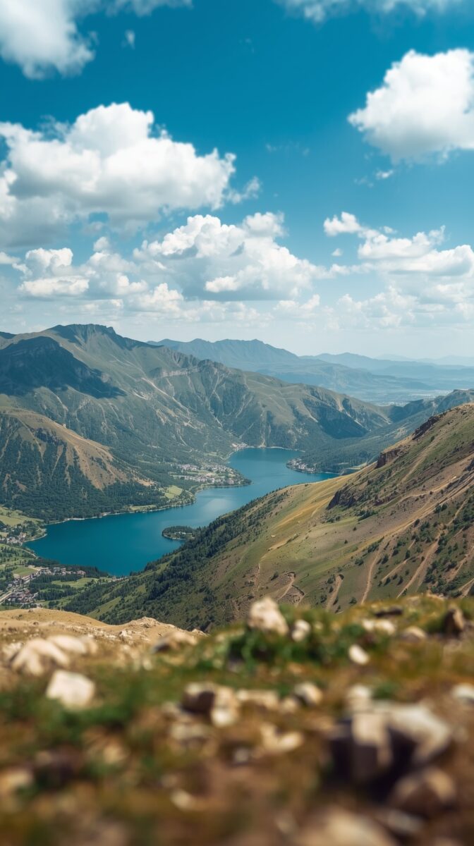Aerial view of a blue alpine lake nestled in a mountain valley with green slopes and a small town below