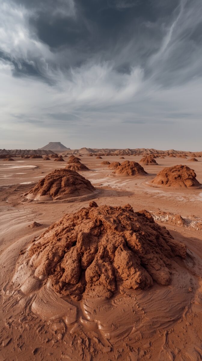 Red-brown desert landscape with eroded rock mounds, flat sandy terrain, distant mesa, and dramatic storm clouds