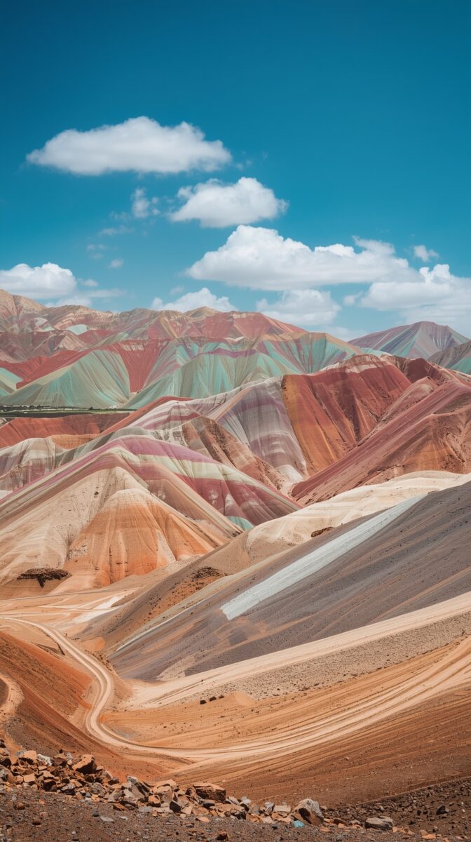 Colorful striped rainbow mountains with layered red, orange, purple and green sedimentary rock formations under blue sky
