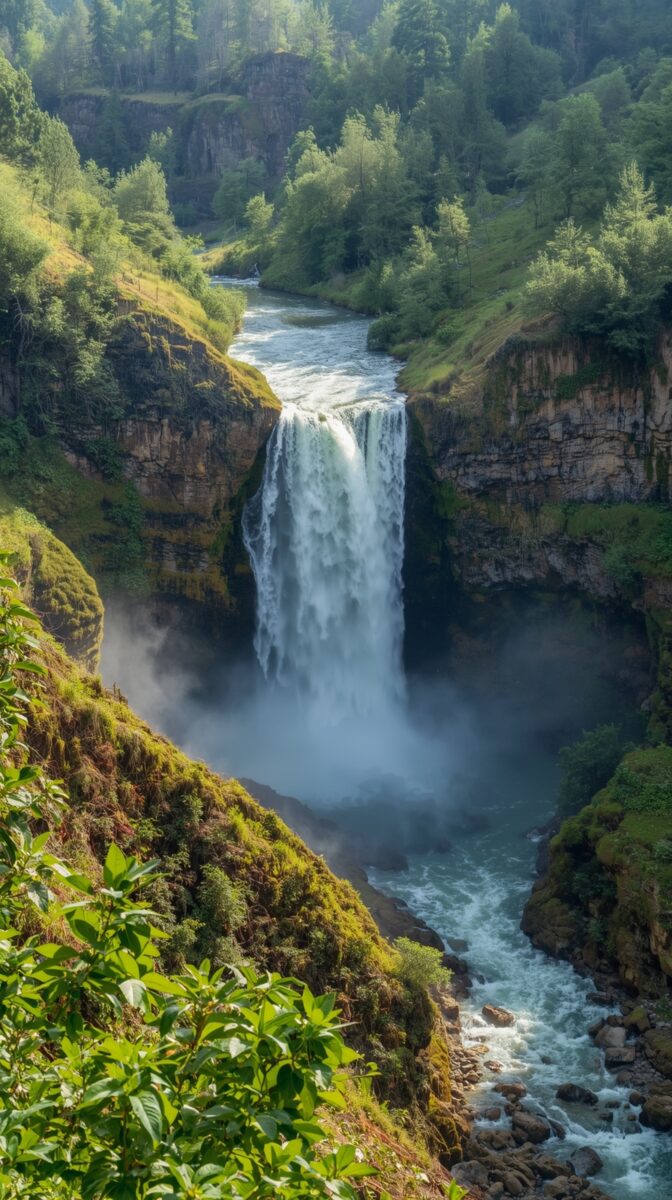 Powerful waterfall cascading into a misty gorge surrounded by lush green forest and rocky cliffs