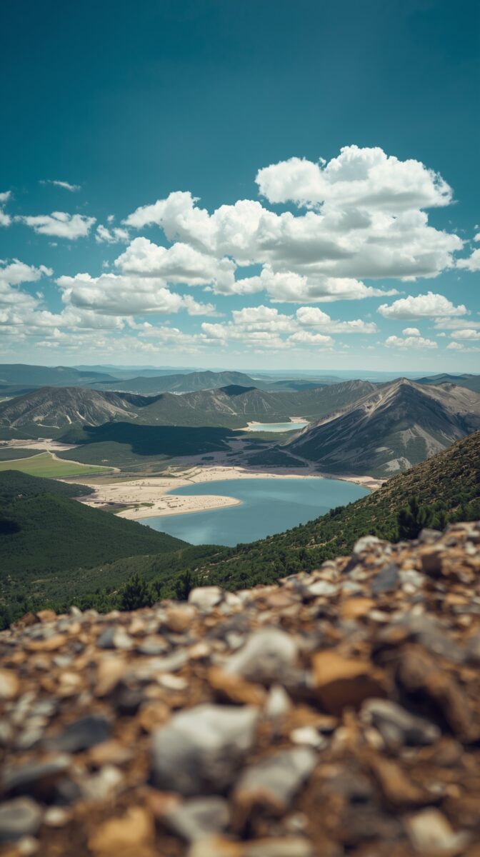 Aerial mountain vista with turquoise lake nestled in valley, green forests, rocky foreground, and blue sky with white clouds