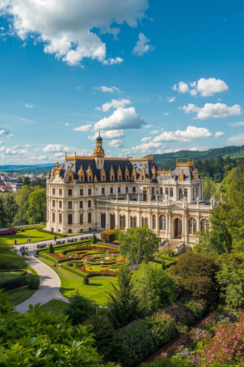 Grand baroque European palace with gold ornaments, mansard roof, and formal manicured gardens under blue sky