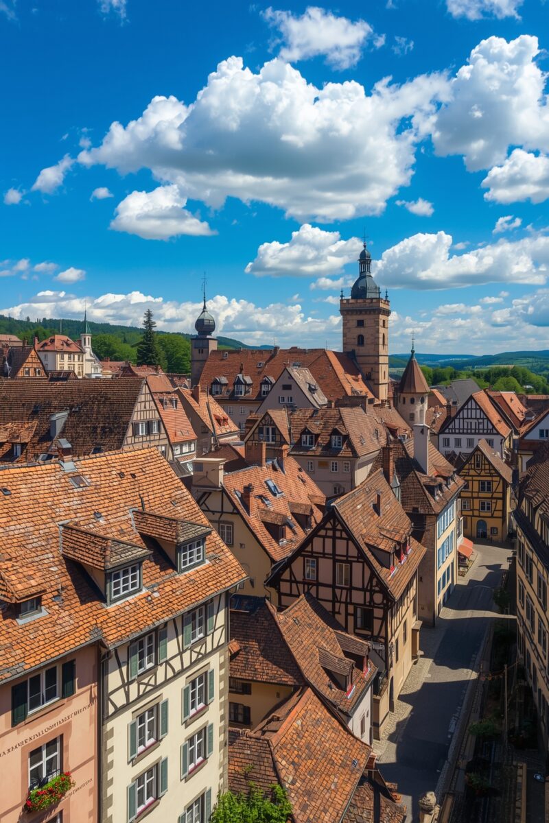 Aerial view of a historic German medieval town with terracotta rooftops, half-timbered buildings, and a stone watchtower