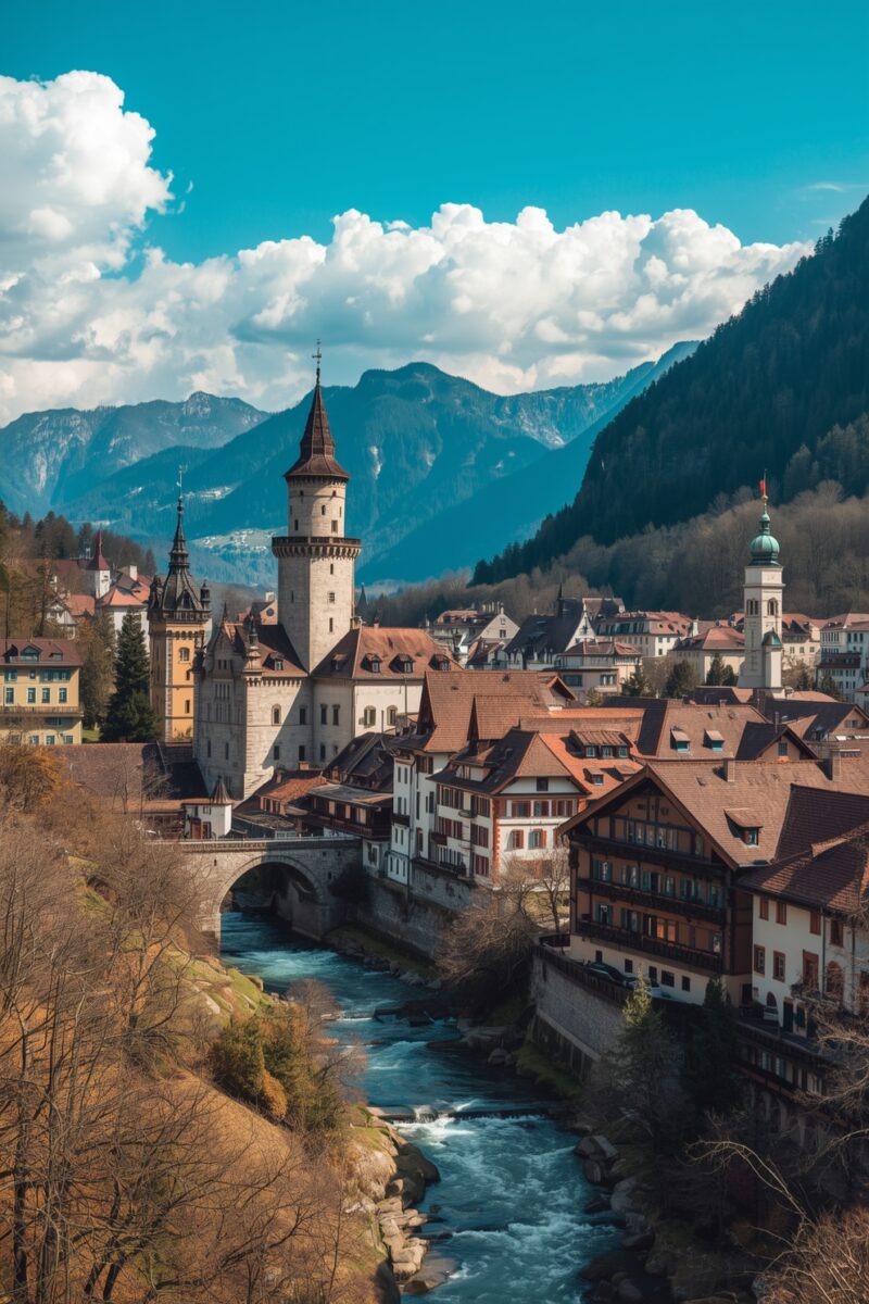 Medieval Alpine town with castle tower, stone bridge over turquoise river, and snow-capped mountains backdrop