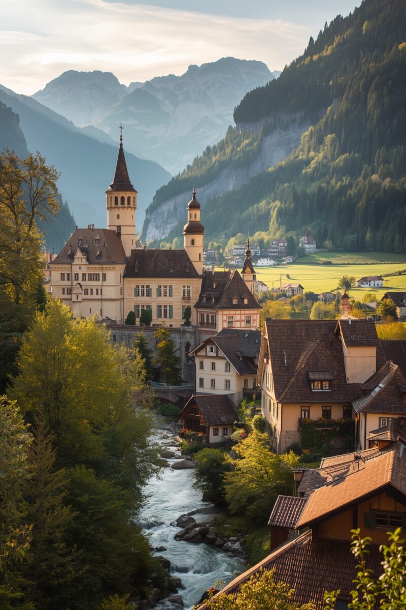 Charming Alpine village with castle towers, stream, and mountains in Switzerland or Austria