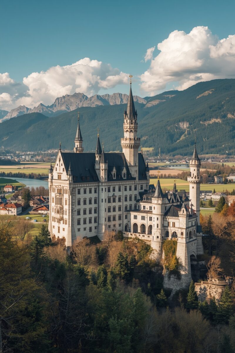 Neuschwanstein Castle perched on a hilltop surrounded by autumn trees with Alpine mountains and valley in background