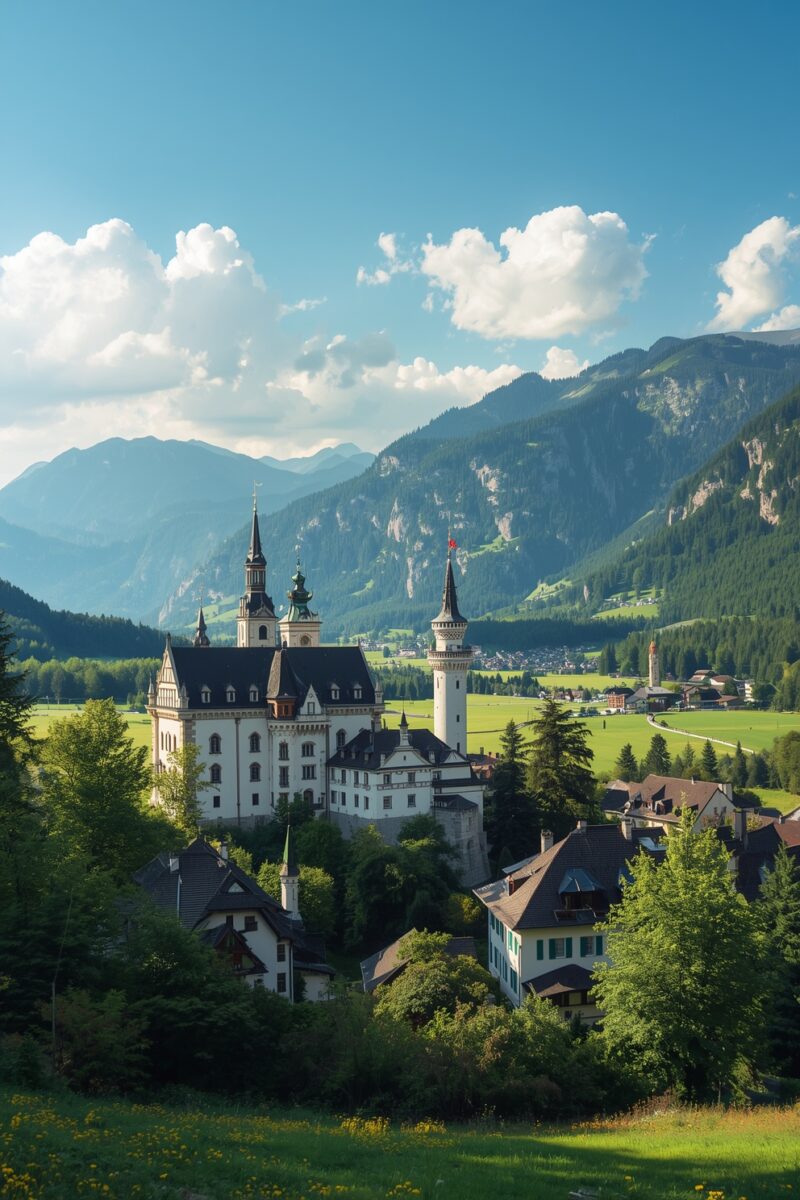 Grand white castle with spires nestled in an Alpine valley surrounded by green meadows and mountains