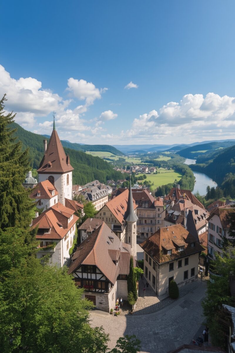 Aerial view of a historic Central European town with red-roofed buildings, church tower, and green river valley
