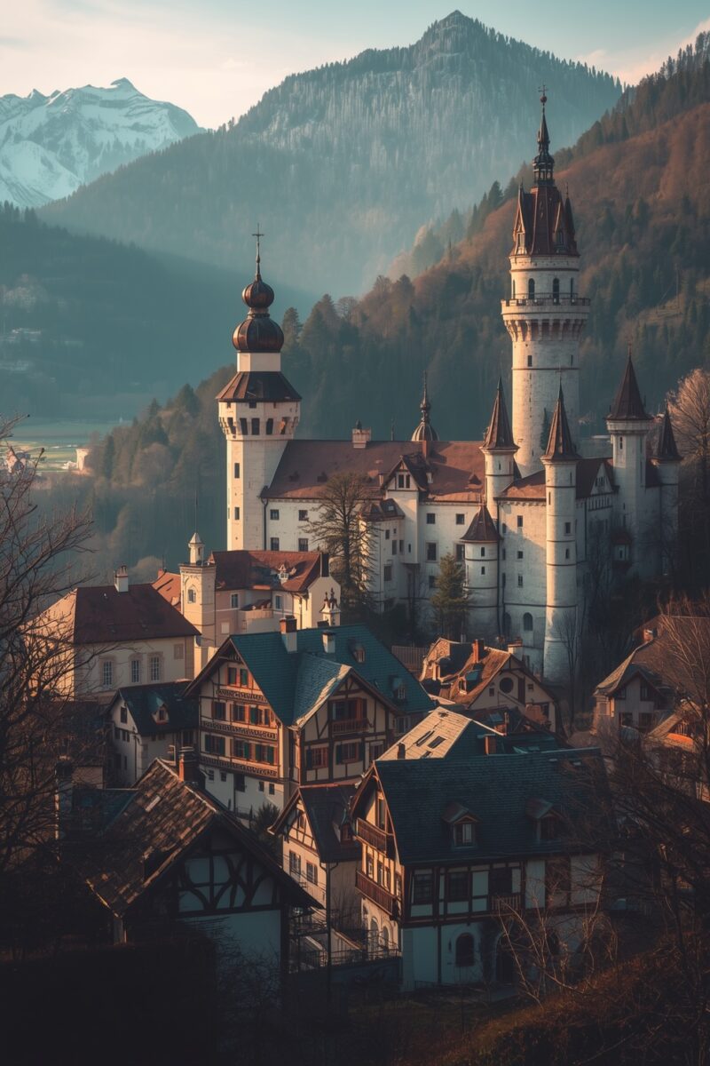 White European castle with multiple towers rising above a Bavarian-style village with Alpine mountains in background