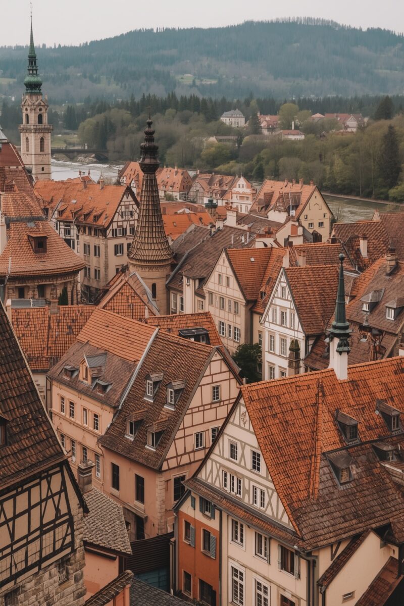 Aerial view of a Central European medieval town with red terracotta rooftops, half-timbered buildings, and church spires surrounded by forested hills