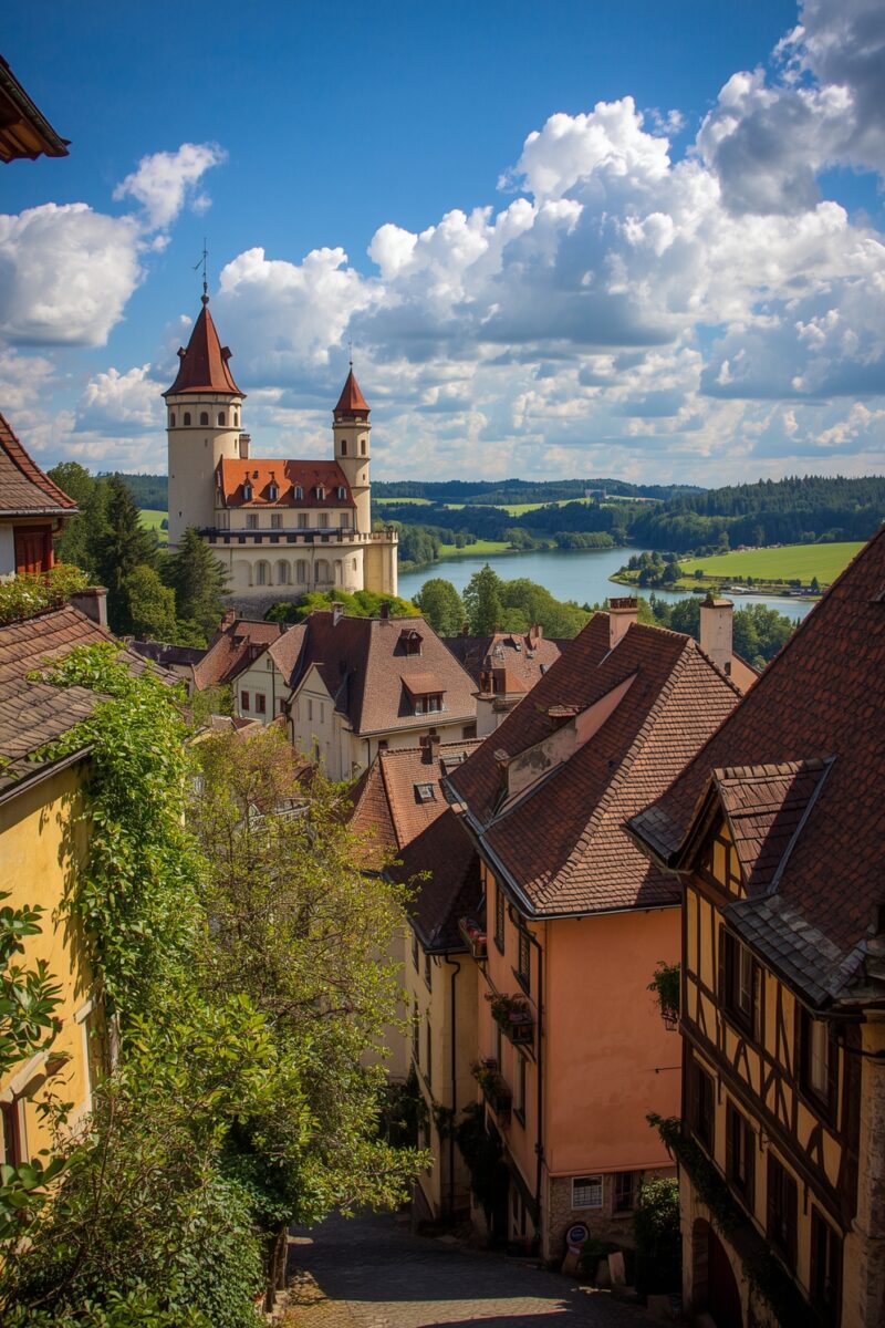 Medieval European town with terracotta rooftops, white castle with red towers, lake, and green hills under blue sky