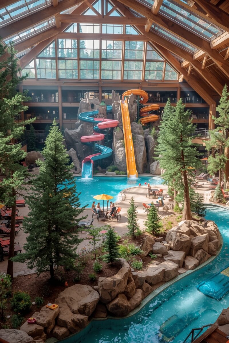 Indoor water park with colorful water slides, lazy river, pine trees, and glass ceiling inside a lodge-style resort