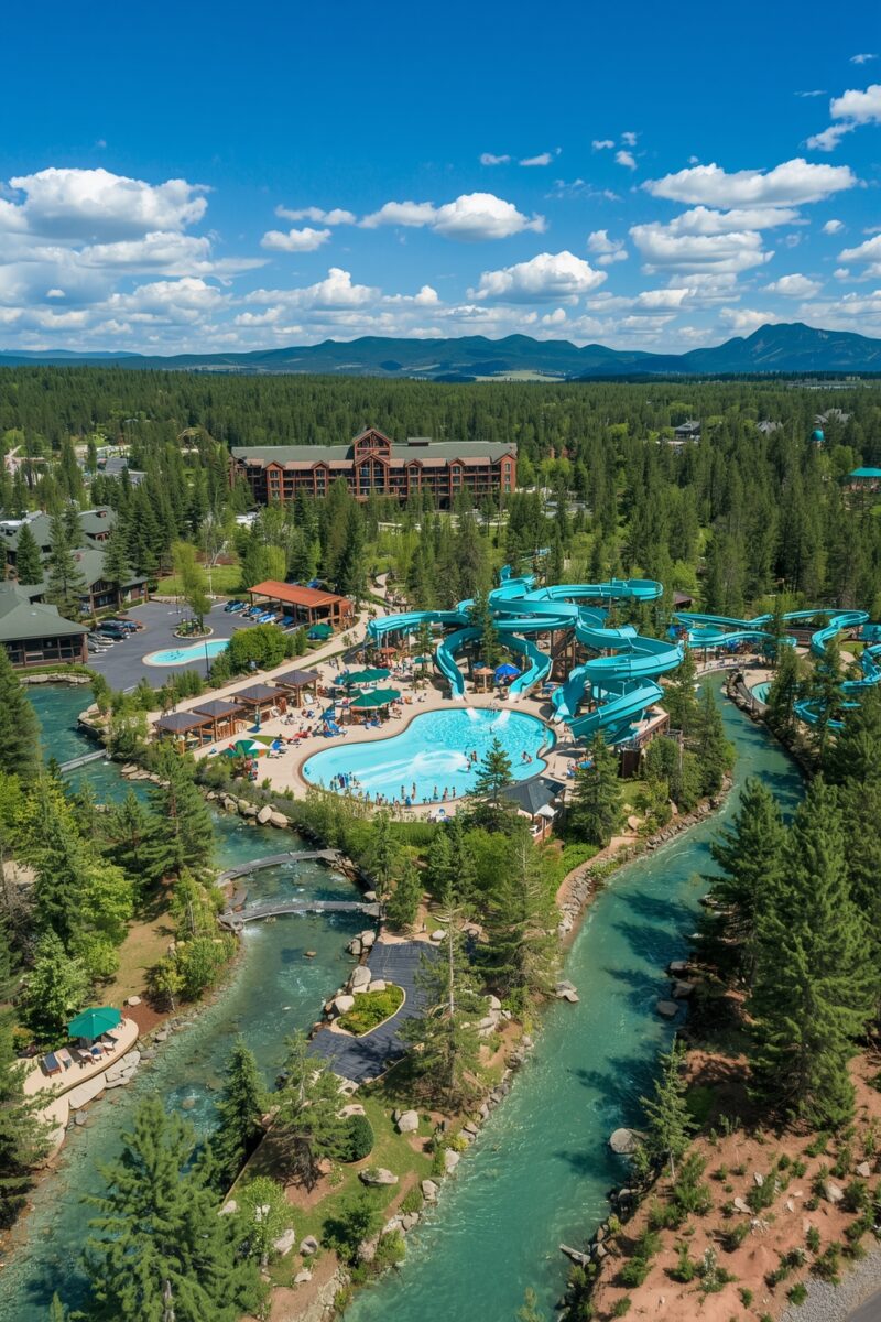 Aerial view of a mountain resort water park with teal water slides, outdoor pool, pine forest, and mountain backdrop