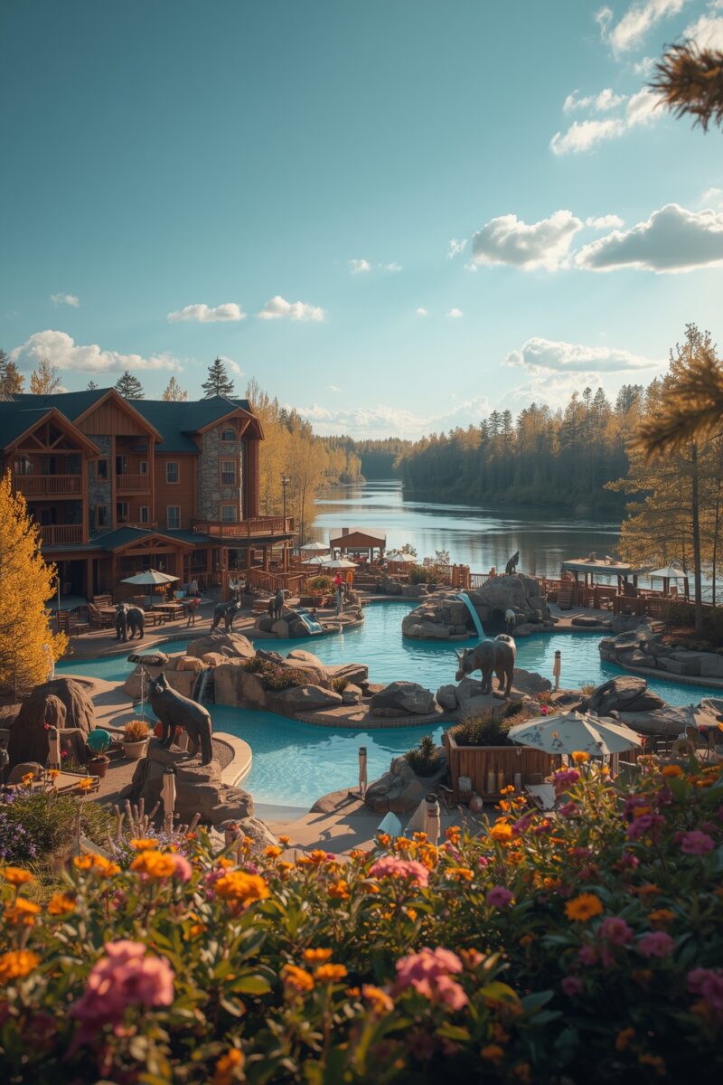 Luxury wilderness lodge with elaborate pool featuring animal sculptures, rock waterfalls, and lakeside views surrounded by autumn forest