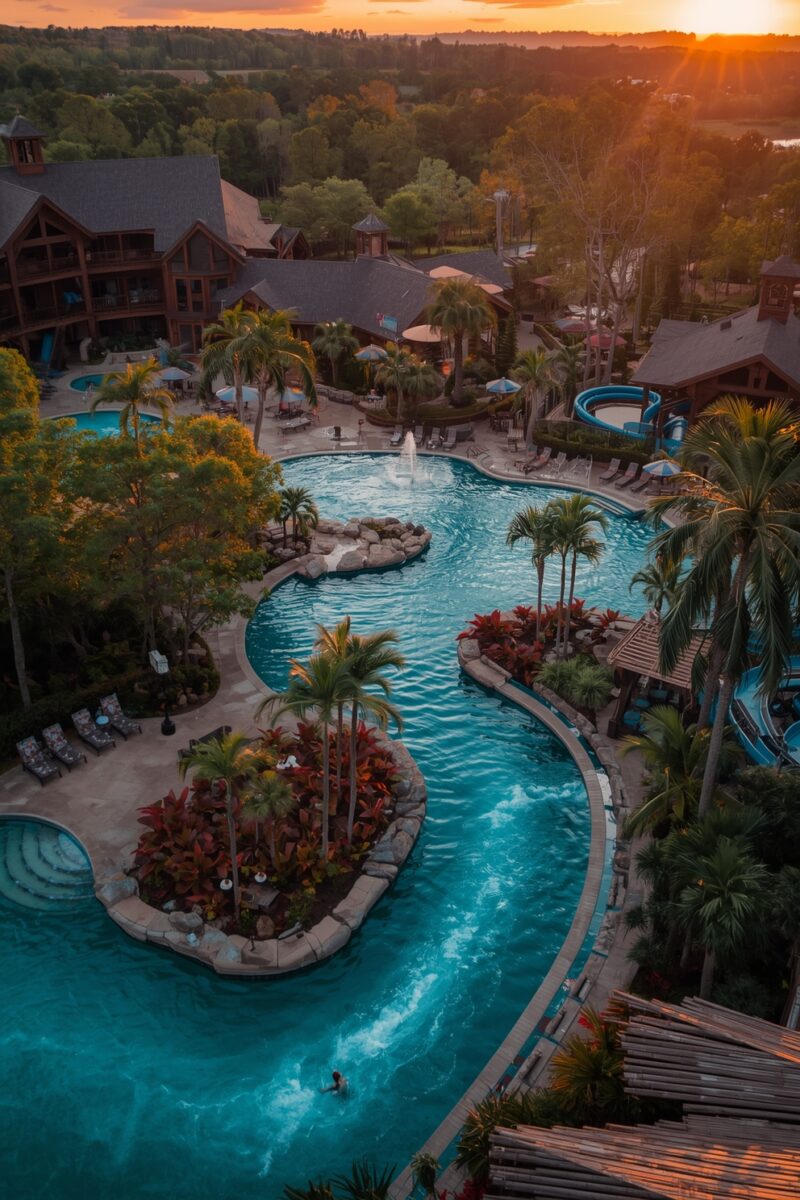 Aerial view of a luxury resort lazy river and pool complex with tropical landscaping at golden sunset