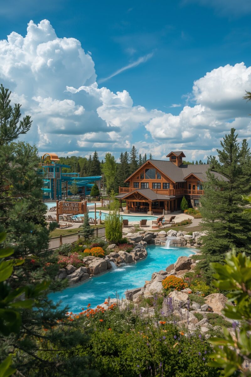 Rustic log lodge resort with outdoor pool, lazy river, water slides, and colorful gardens surrounded by pine trees
