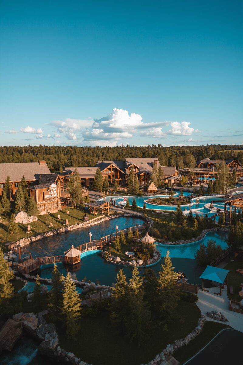 Aerial view of a luxury wilderness resort with winding lazy rivers, pools, and rustic wooden lodge buildings surrounded by pine forests