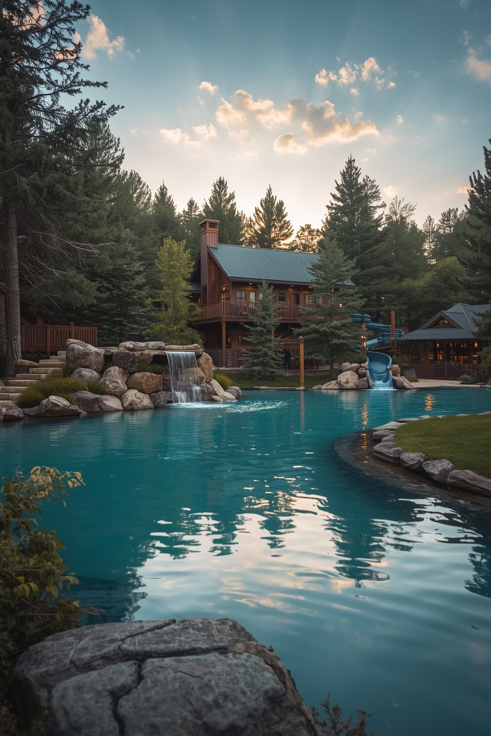 Luxury resort pool with rock waterfall, blue water slide, and rustic wooden lodge surrounded by pine trees at dusk