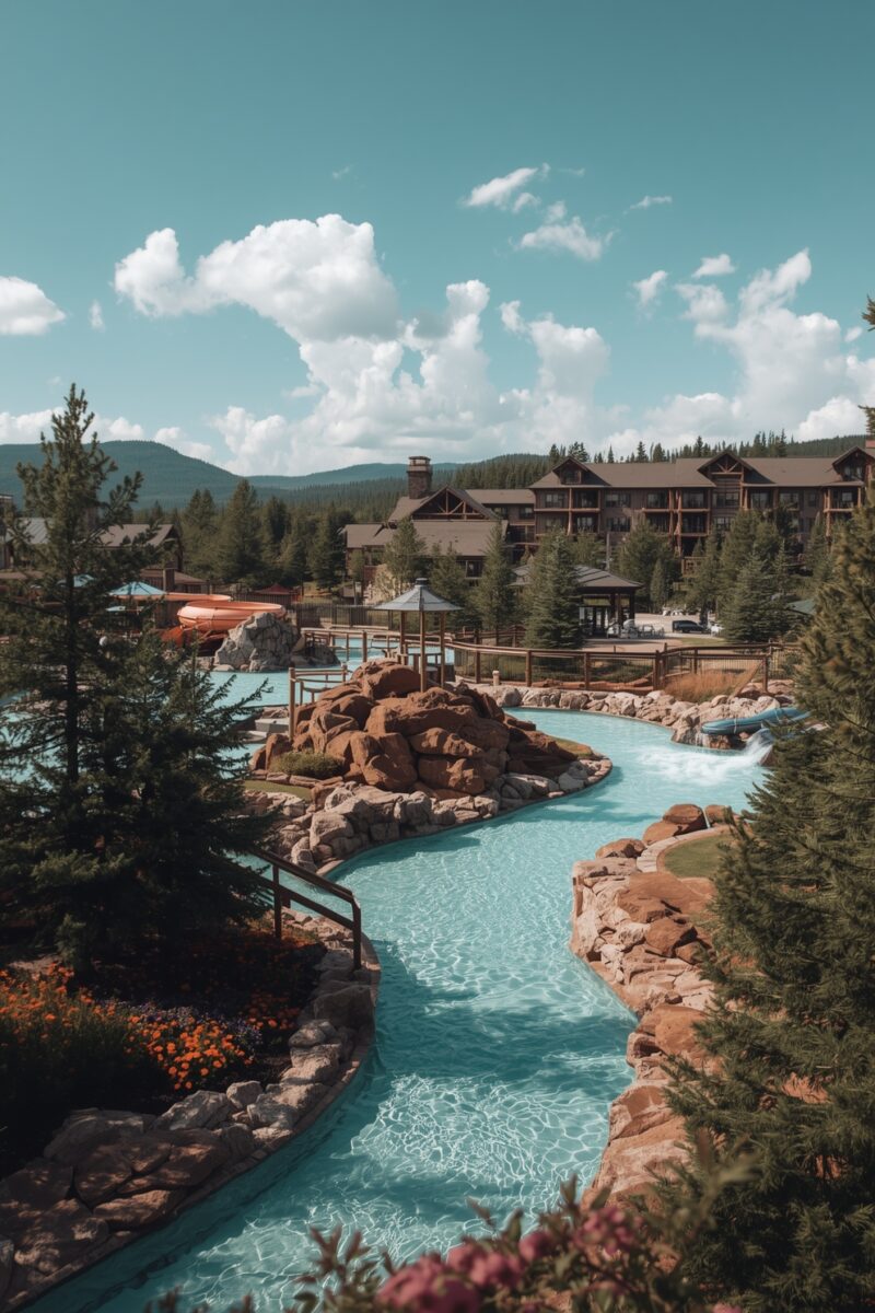 Lazy river pool with water slides, rock landscaping, and pine trees at a mountain resort lodge