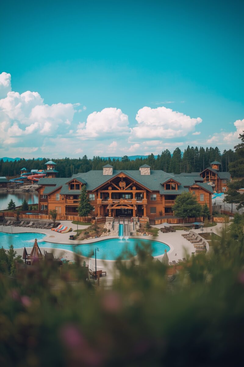 Aerial view of a rustic log-style resort lodge with outdoor pool, water slide, and pine forest backdrop