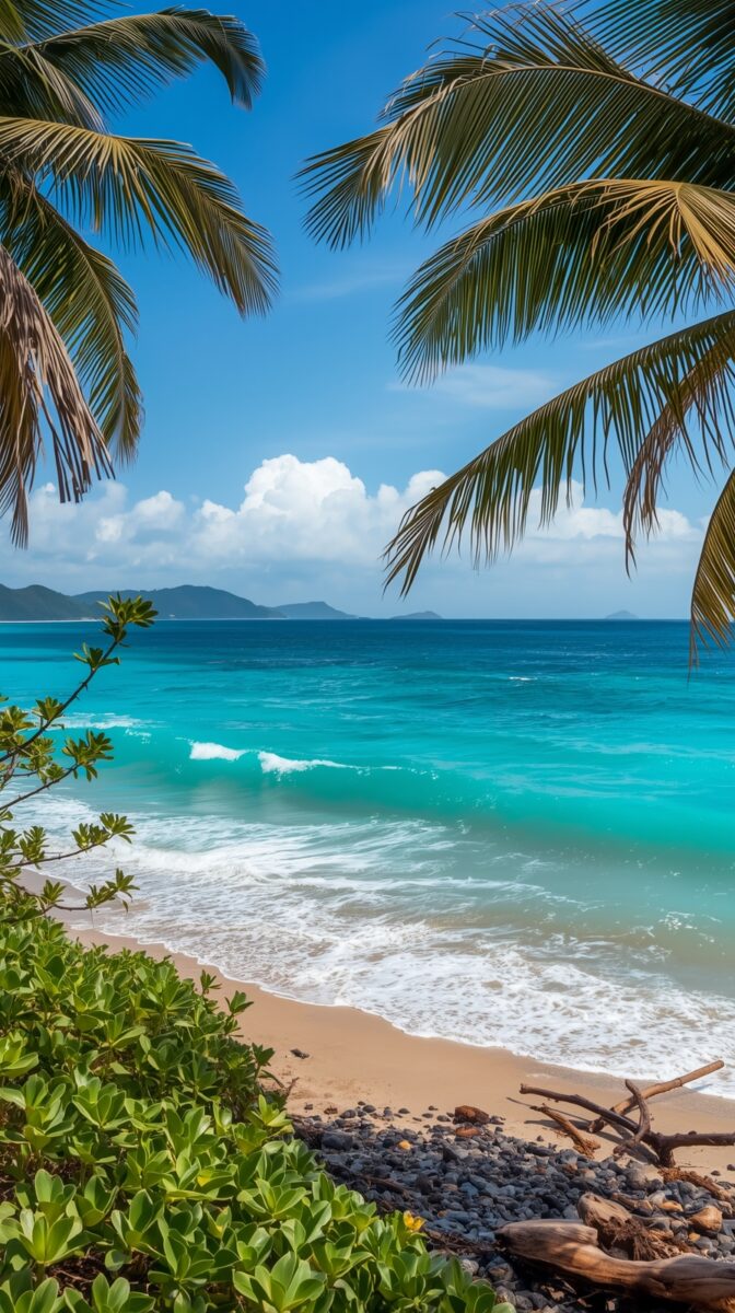Tropical beach with turquoise ocean waves, palm trees, green foliage, sandy shore, and distant islands under blue sky